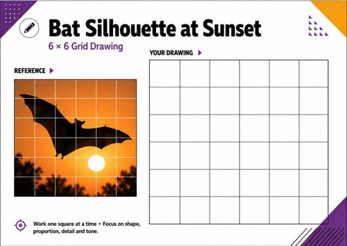 Bat Silhouette at Sunset Grid Drawing Worksheet | Halloween Art KS3 KS4