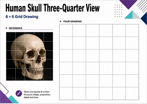 Human Skull Three-Quarter View Grid Drawing | KS3 KS4 Art Worksheet