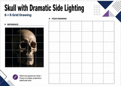 Dramatic Skull Grid Drawing Worksheet | Light & Tone Art KS3 KS4