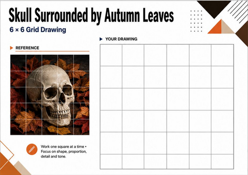 Skull & Autumn Leaves Grid Drawing Worksheet | Halloween Art KS3 KS4