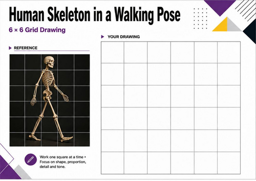 Walking Skeleton Grid Drawing Worksheet | Figure Drawing KS3 KS4 Art