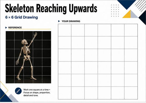 Skeleton Reaching Upwards Grid Drawing | Movement Art Worksheet KS3 KS4