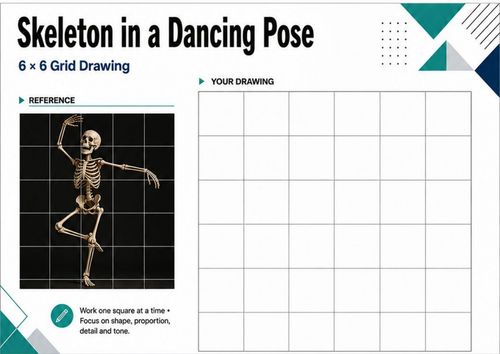Dancing Skeleton Grid Drawing Worksheet | Halloween & Figure Art KS3 KS4