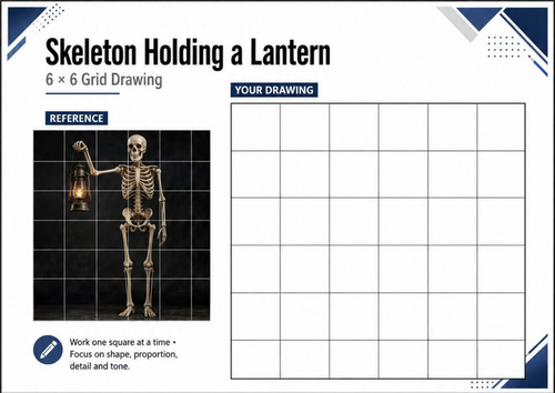 Skeleton Holding a Lantern Grid Drawing | Halloween Art Worksheet KS3 KS4