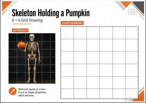 Skeleton Holding a Pumpkin Grid Drawing | Halloween Art KS3 KS4