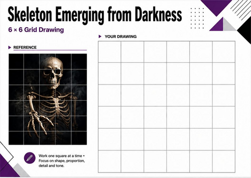 Skeleton Emerging from Darkness Grid Drawing | Tone Art KS3 KS4
