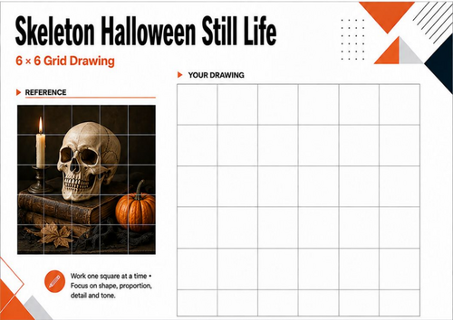 Skeleton Halloween Still Life Grid Drawing Worksheet | KS3 KS4 Art