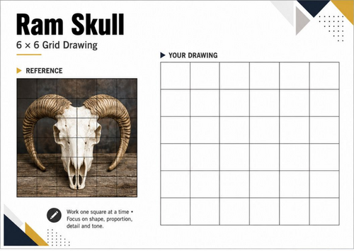 Ram Skull Grid Drawing Worksheet | 6x6 Observational Drawing | KS3 KS4 Art