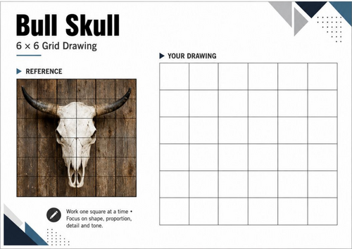 Bull Skull Grid Drawing Worksheet | 6x6 Drawing Activity | KS3 KS4 Art