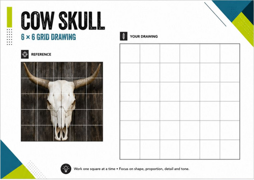 Cow Skull Grid Drawing Worksheet | Observational Drawing Activity | KS3 KS4 Art