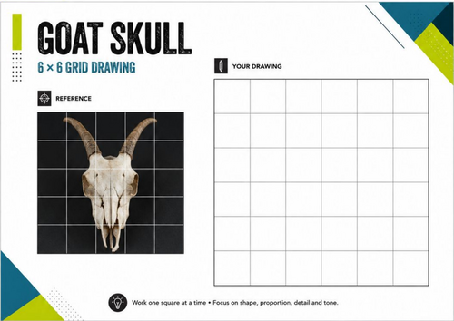 Goat Skull Grid Drawing Worksheet | 6x6 Observational Drawing | KS3 KS4 Art