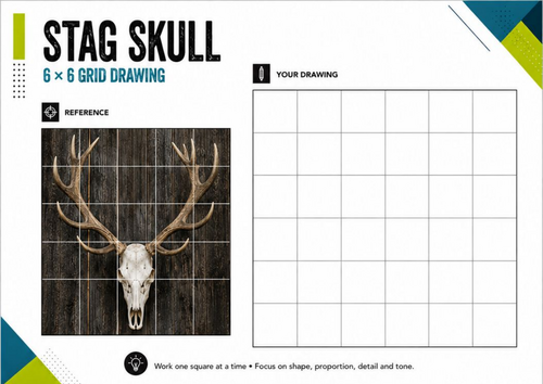 Stag Skull Grid Drawing Worksheet | Antlers Observational Drawing | KS3 KS4 Art