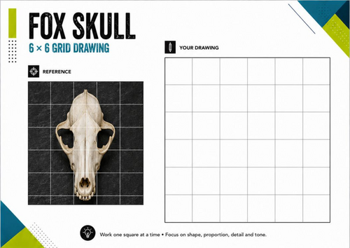 Fox Skull Grid Drawing Worksheet | Animal Skull Drawing | KS3 KS4 Art