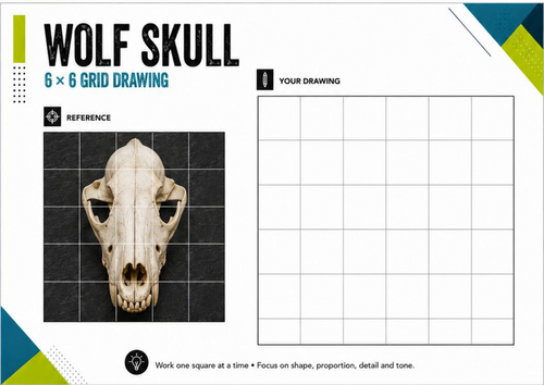 Wolf Skull Grid Drawing Worksheet | 6x6 Observational Drawing | KS3 KS4 Art