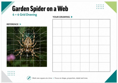 Garden Spider on a Web Grid Drawing Worksheet | Observational Art | KS3 & KS4