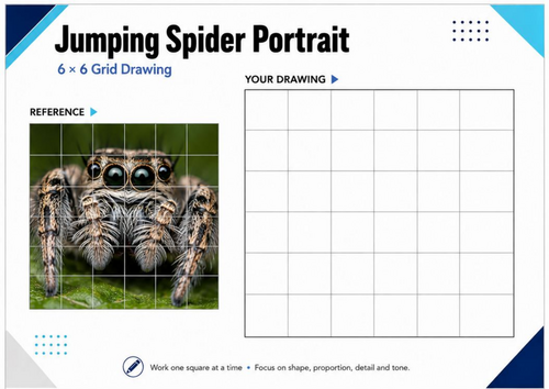 Jumping Spider Portrait Grid Drawing Worksheet | Detailed Pencil Drawing | KS3 & KS4