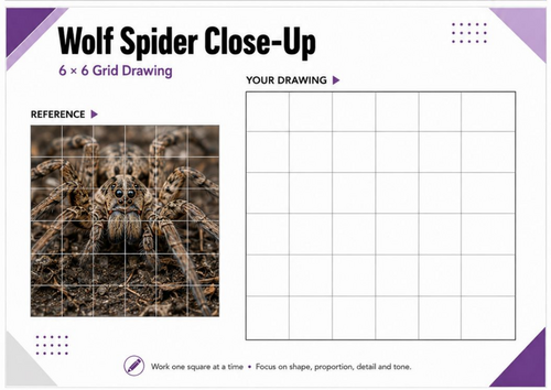 Wolf Spider Close-Up Grid Drawing Worksheet | Spider Pencil Art Activity | KS3 & KS4