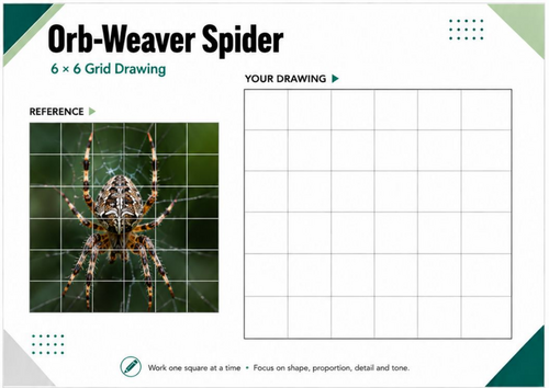 Orb-Weaver Spider Grid Drawing Worksheet | Observational Drawing Activity | KS3 & KS4