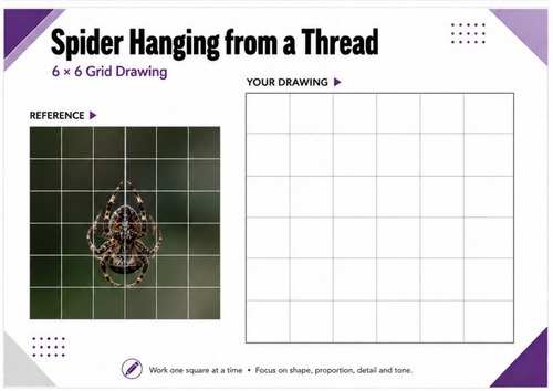 Spider Hanging from a Thread Grid Drawing Worksheet | KS3 & KS4 Art Activity