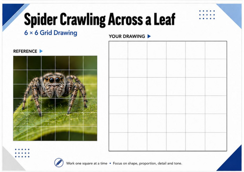 Spider Crawling Across a Leaf Grid Drawing Worksheet | Natural Forms Art | KS3 & KS4