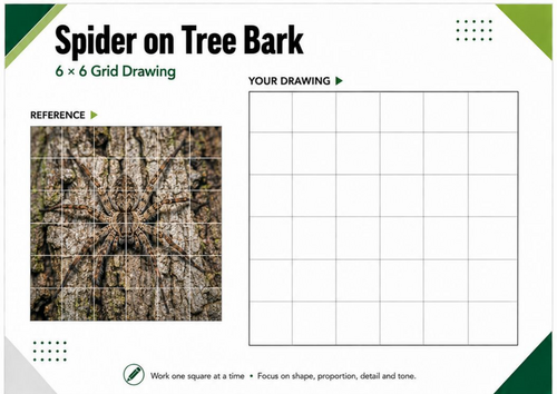 Spider on Tree Bark Grid Drawing Worksheet | Texture & Tone Art Activity | KS3 & KS4
