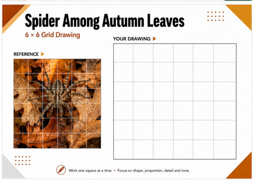 Spider Among Autumn Leaves Grid Drawing Worksheet | Autumn Art Activity | KS3 & KS4