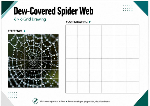 Dew-Covered Spider Web Grid Drawing Worksheet | Pattern & Detail Art | KS3 & KS4