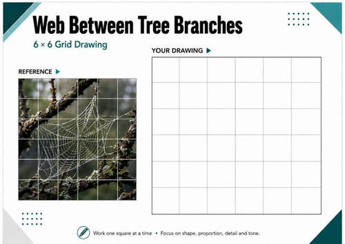 Spider Web Between Tree Branches Grid Drawing Worksheet | Natural Forms Art