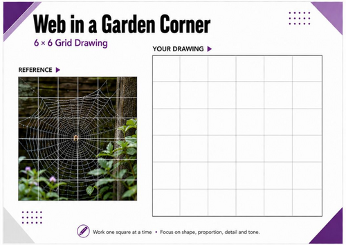 Spider Web in a Garden Corner Grid Drawing Worksheet | KS3 & KS4 Art