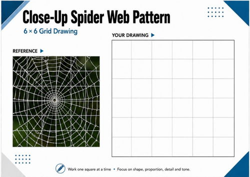 Close-Up Spider Web Pattern Grid Drawing Worksheet | Line & Pattern Art | KS3 & KS4