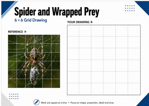 Spider and Wrapped Prey Grid Drawing Worksheet | Detailed Spider Art | KS3 & KS4