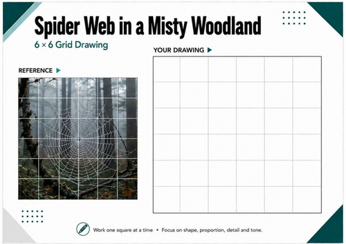 Spider Web in a Misty Woodland Grid Drawing Worksheet | Atmospheric Art | KS3 & KS4