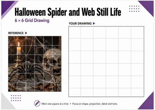 Halloween Spider & Web Still Life Grid Drawing Worksheet | Halloween Art | KS3 & KS4