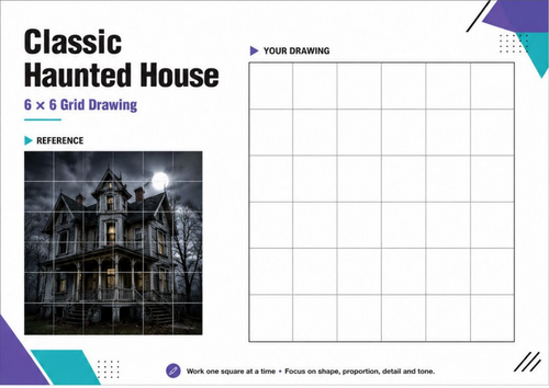 Classic Haunted House Grid Drawing Worksheet | Halloween Art KS3 KS4