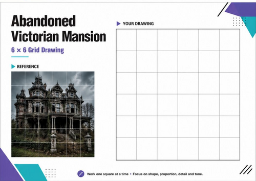 Abandoned Victorian Mansion Grid Drawing | Gothic Halloween Art Worksheet
