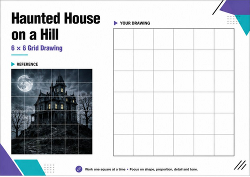 Haunted House on a Hill Grid Drawing Worksheet | Halloween Art Activity