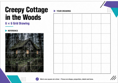 Creepy Cottage in the Woods Grid Drawing | Halloween Art Worksheet KS3