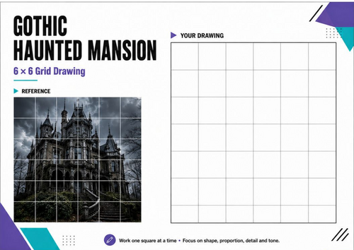 Gothic Haunted Mansion Grid Drawing Worksheet | KS3 KS4 Halloween Art