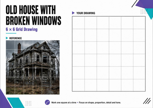 Old House with Broken Windows Grid Drawing | Halloween Drawing Worksheet