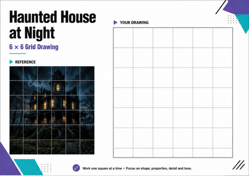 Haunted House at Night Grid Drawing Worksheet | Halloween Art KS3 KS4