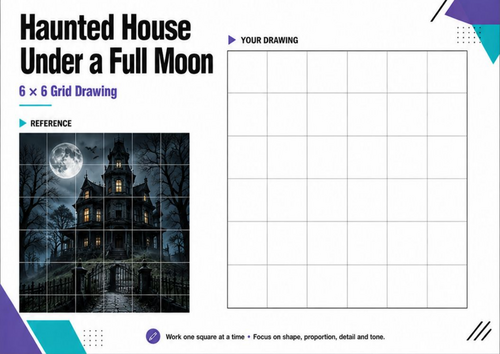 Haunted House Full Moon Grid Drawing | Halloween Art Activity KS3 KS4
