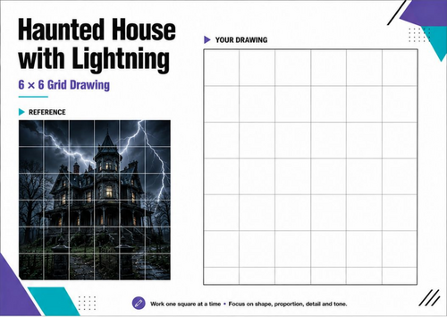 Haunted House with Lightning Grid Drawing | Halloween Art Worksheet