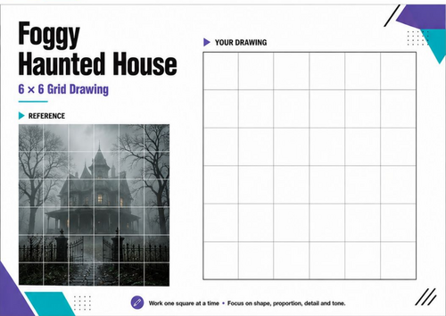 Foggy Haunted House Grid Drawing Worksheet | Spooky Halloween Art KS3