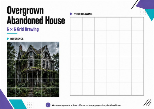 Overgrown Abandoned House Grid Drawing | Observational Art Worksheet KS3 KS4
