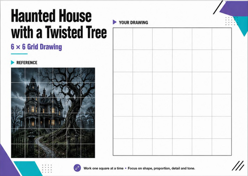 Haunted House & Twisted Tree Grid Drawing | Halloween Art Worksheet