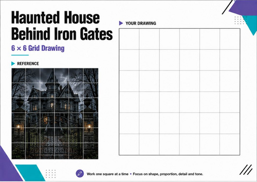 Haunted House Behind Iron Gates Grid Drawing | Halloween Art KS3 KS4
