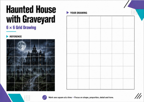 Haunted House with Graveyard Grid Drawing | Halloween Art Worksheet KS3