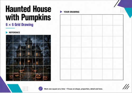 Haunted House with Pumpkins Grid Drawing | Halloween Art Activity KS3 KS4