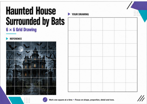 Haunted House & Bats Grid Drawing Worksheet | Halloween Art Activity
