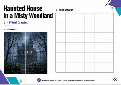 Misty Woodland Haunted House Grid Drawing | Halloween Art Worksheet
